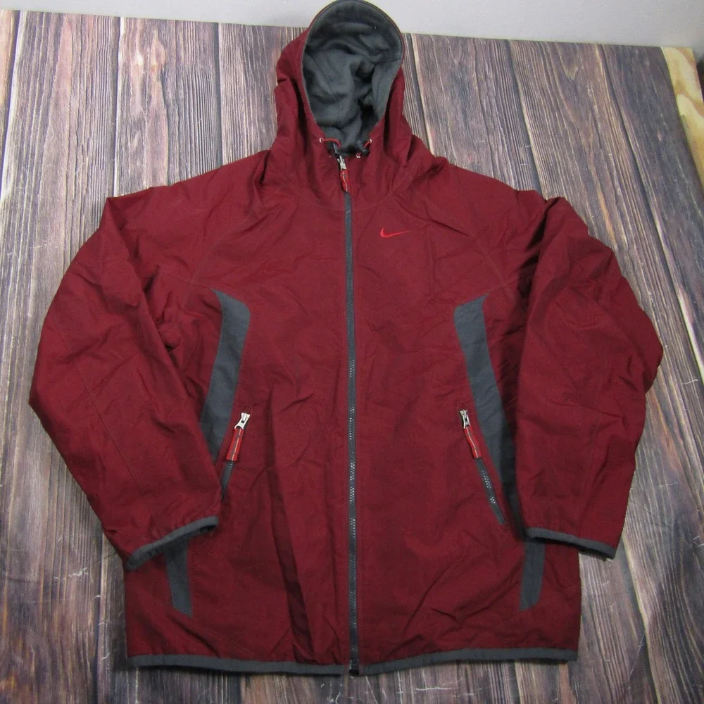 Nike Reversible Jacket Mens M Burgundy Grey Full Zip Hooded Windbreaker Fleece